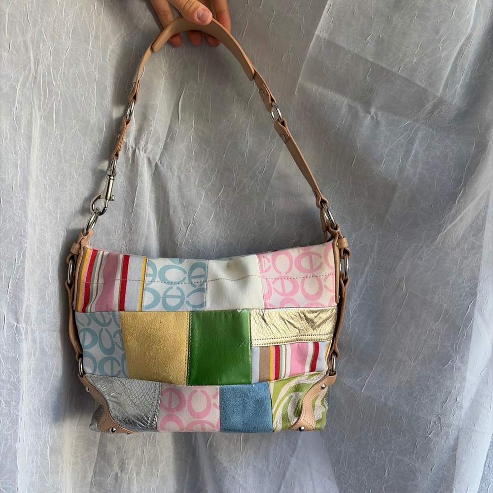 Y2K Patchwork Shoulder Bag Pastel Mixed Media Metallic Logo Print